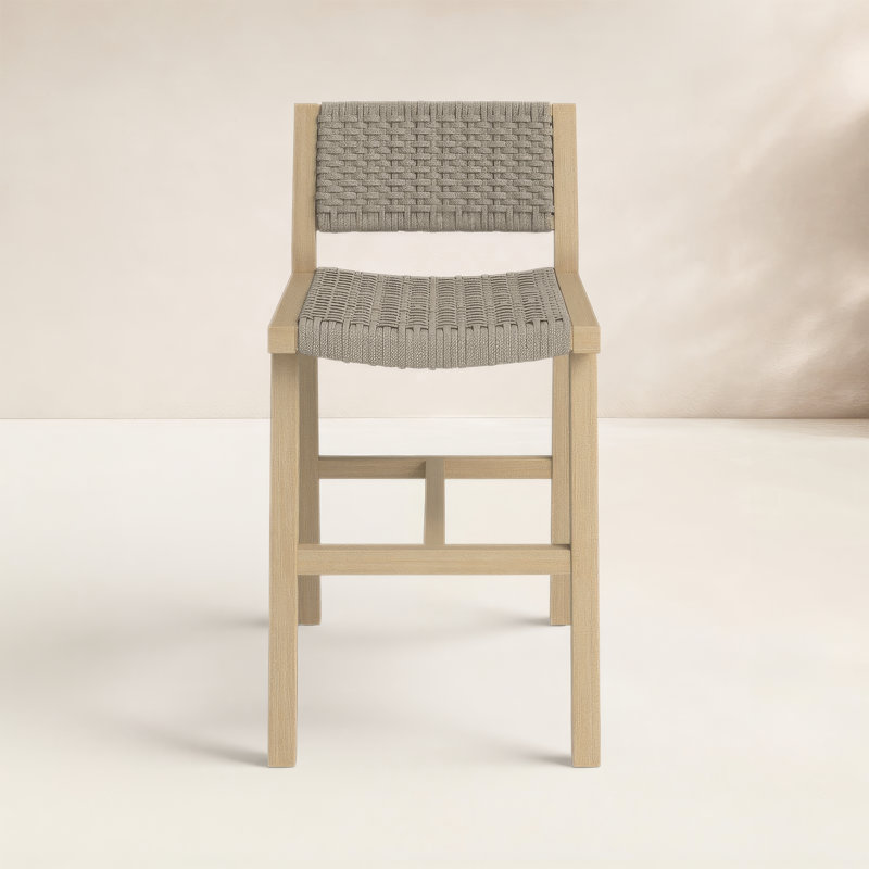 Delano Outdoor Teak Bar Stool, Washed Brown, Counter Stool (26" Seat Height), Gray Rope