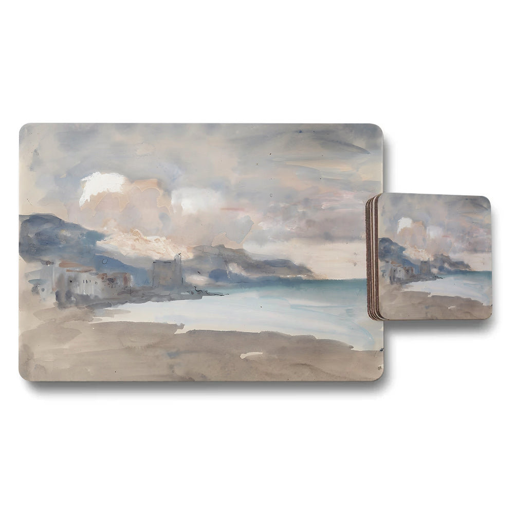 Coastal Landscape Placemats And Coasters Set With Ocean Scene