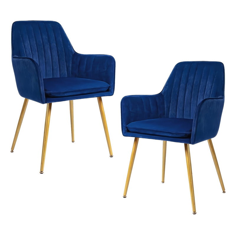 Set Of 2 Mid-century Modern Blue Velvet Upholstered Dining Armchairs With Gold Metal Legs, Tufted Accent Chairs With Arms For Kitchen, Living & Dining Room