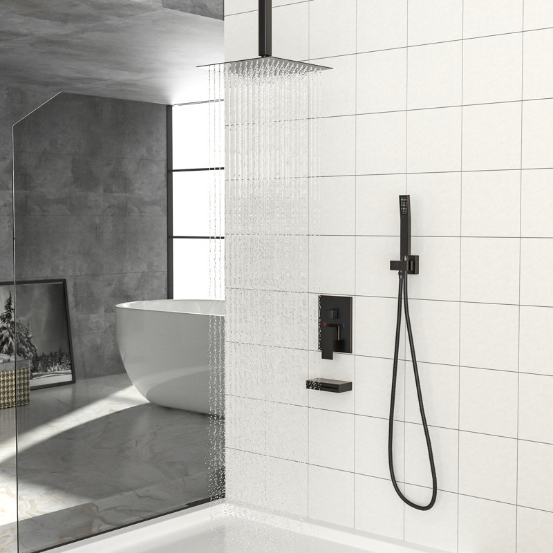 Installation de douche huilée en bronze huilé avec bec et tête de baignoire à cascade - Fixation au plafond carrée de 12 po, à main, soupape, débit d'eau réglable, tête de pluie de 12 po, bec, - facile à équilibrer