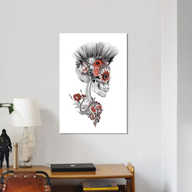 Impression sur toile, "momento mori punk ii" floral crâne series, H 12 po x l 8 po x P 0,75 po, Pas de tapis, Toile tendue