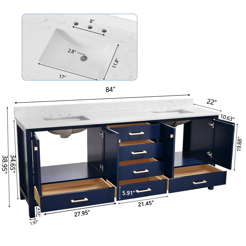 84-inch Bathroom Vanity With Engineered Stone Top, Blue