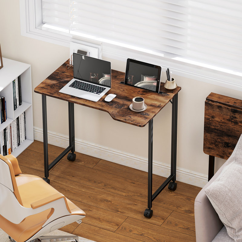 HOMCOM Small Folding Desk on Wheels for Small Space 80 cm Black Wood Effect, Rustic Brown/Black