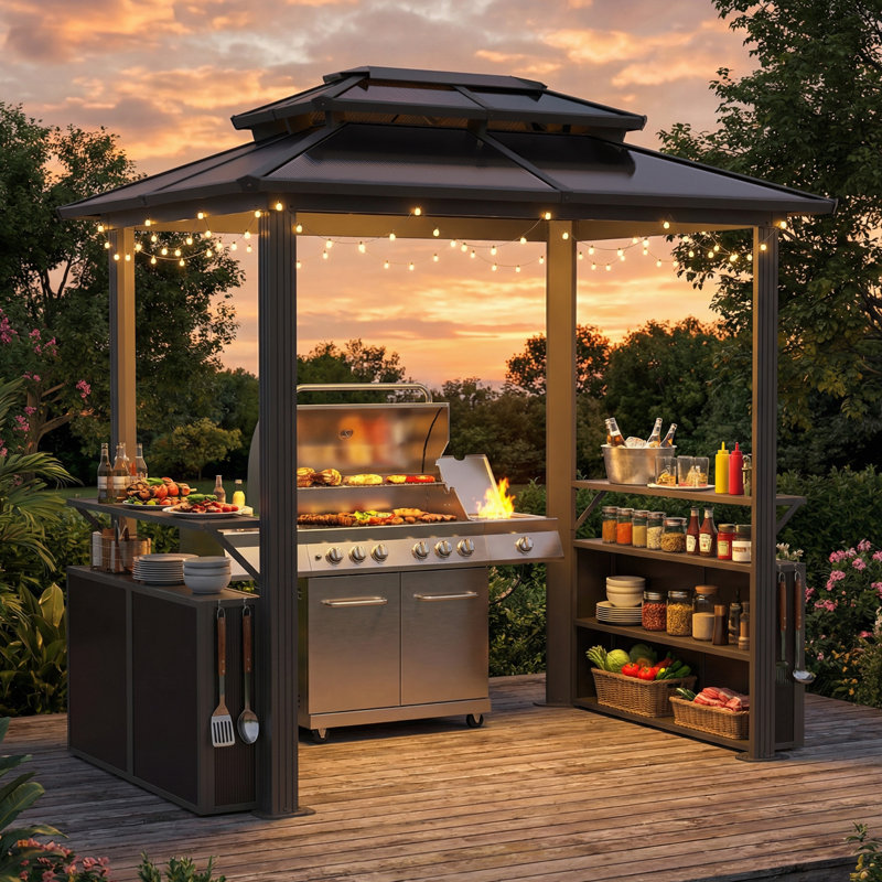 8' x 6' Hardtop Grill Gazebo, Outdoor Metal BBQ Gazebo with Storage Cabinet,   Double Roof  Hardtop Gazebo, Includes Ceiling Hooks, Suitable for Lawn, Courtyard and Garden
