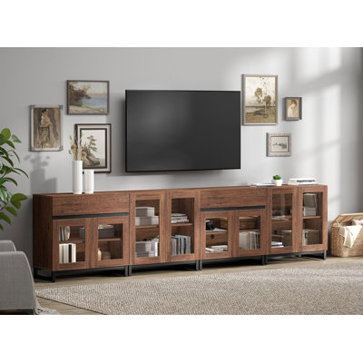 Meuble télé 4 en 1 pour téléviseur, console de télévision moderne avec portes en verre et 2 tiroirs, console multimédia avec tablette réglable pour le salon