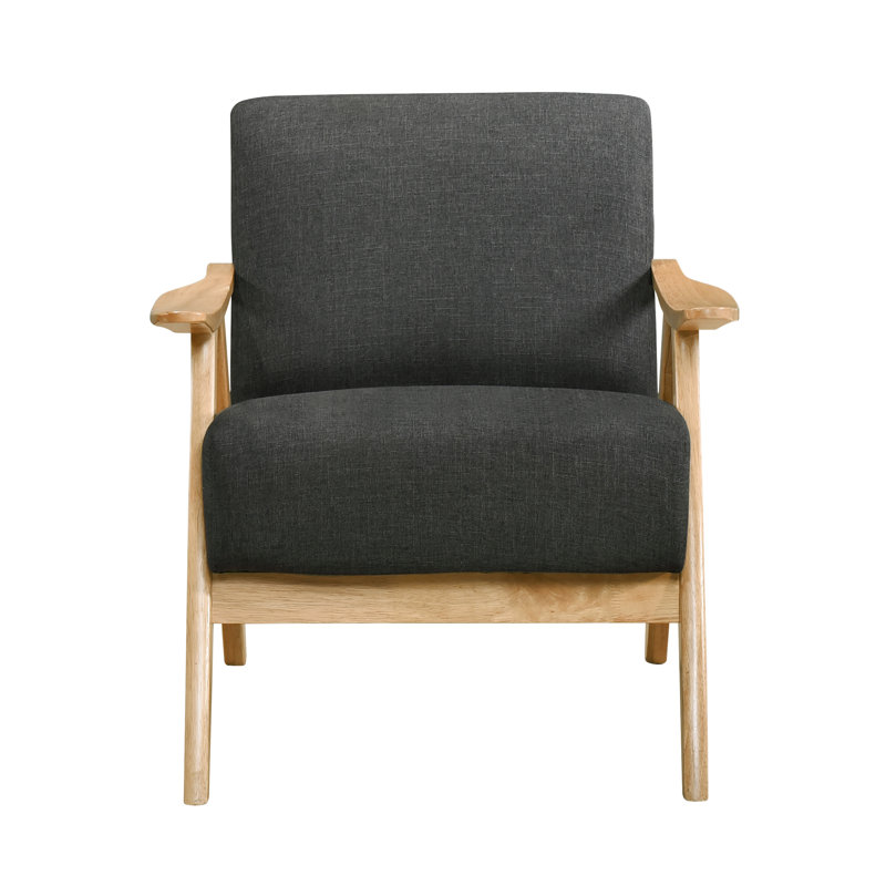 Chaise moderne et confortable en tissu gris foncé, base en bois massif et fauteuil à ressorts ensachés, revêtement en tissu texturé pour le salon