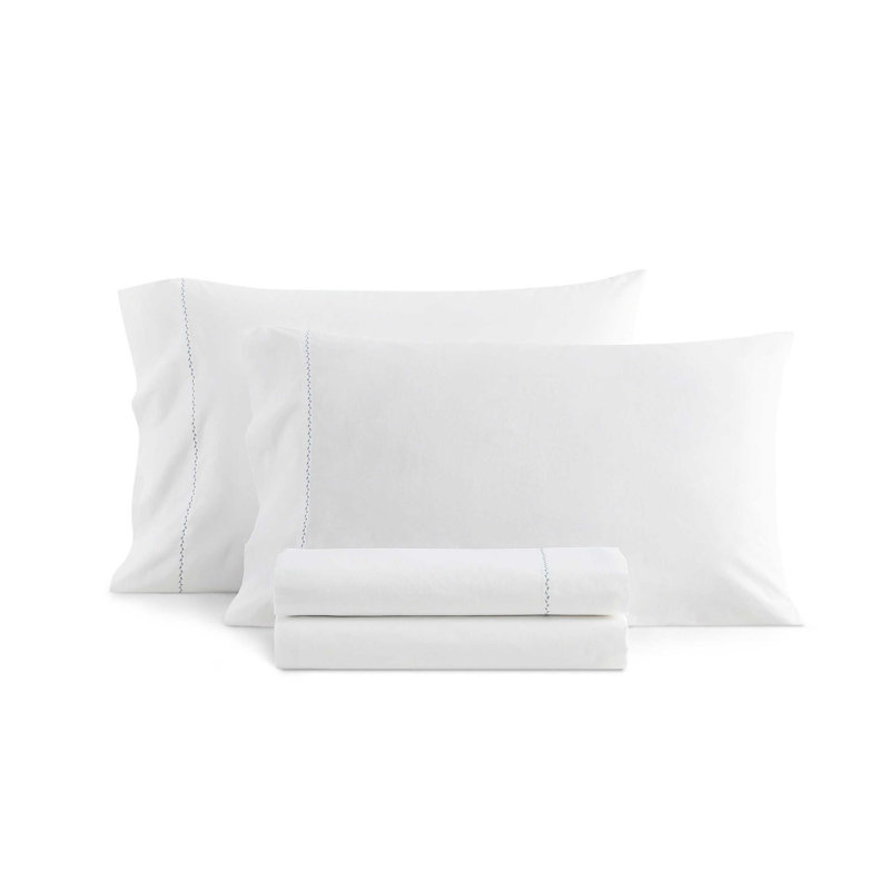 Martha Stewart Lilly Pond Leaf Embroidered Cotton Sheet Set, Blue, King Sheet Set with 2 King Pillowcases