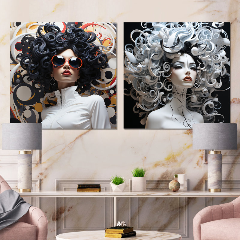 Ensemble de 2 décorations murales noires et blanches, H 36 po x l 73 po x P 1,5 po, Toile tendue
