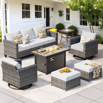 7- Person Patio Furniture Set With Swivel Rocker, Outdoor Wicker Rattan Seating Group With Cushions, All Weather Sofa Conversation Set With Fire Pit Table For Garden Backyard
