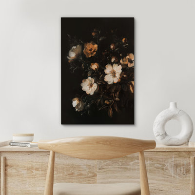 Vintage White Floral on Black Canvas Wall Art, Romantic Framed Art Print for Dark Academia Bedroom or Elegant Hallway Decor