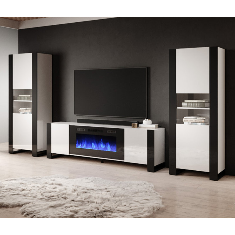Rushank Modern Entertainment Center for TVs up to 88" with Electric  Fireplace Included, White/Black