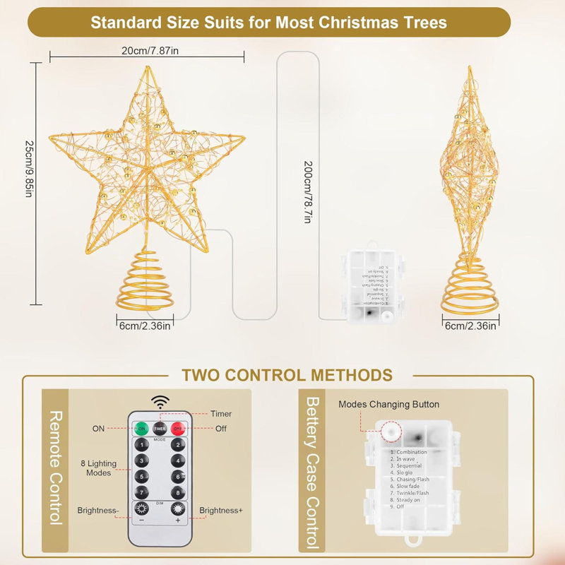 Gold LED Metal Star Christmas Tree Topper with Remote