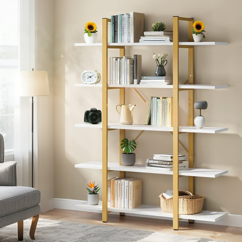  70.5"H X 47.3"W Bookcase, 5-Tier Open Etagere Bookshelf Storage Display Rack, Gold/White