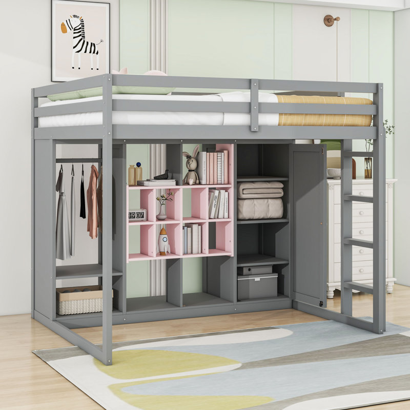 Lit mezzanine avec garde-robe, tablettes et armoire, Gris / rose, Complète