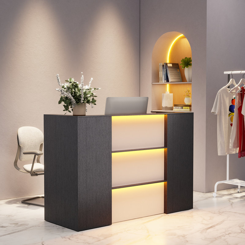 Modern Reception Desk With Led Lights, 63 Inches Front Counter Table With Lockable Drawer & Shelves