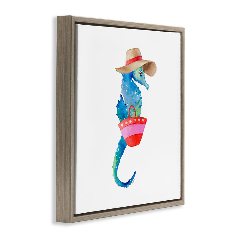 «Seahorse in Beach Hat», art mural encadré flottant par Lanie Loreth, Cadre flottant orme Montalcino, H 18 po x l 18 po