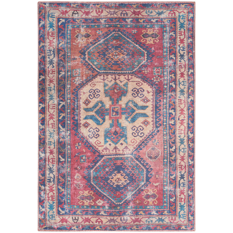 Nicole Curtis Red and Navy Floral Cotton Chenille 6' x 9' Area Rug