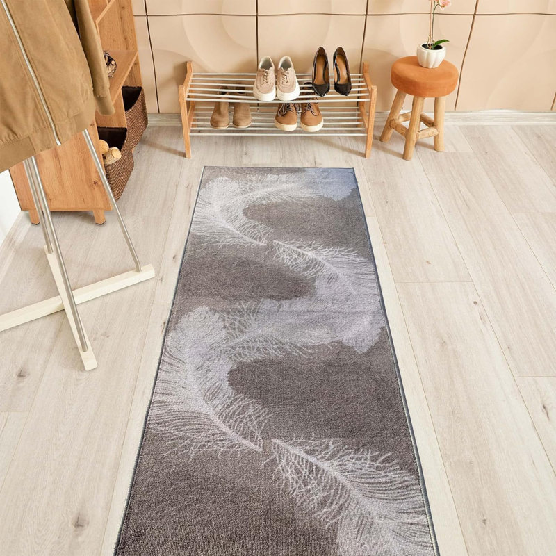 Tapis de couloir sur mesure de longueur personnalisée et tapis d'escalier de 26 po de largeur Choisissez votre longueur avec motif de plumes de couleur grise