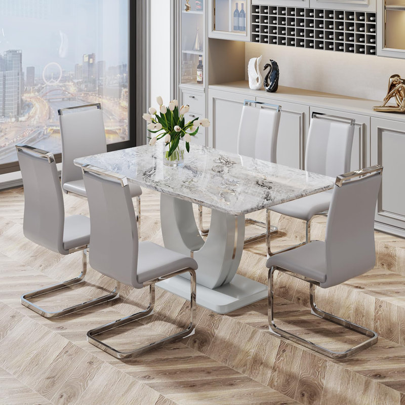 Ensemble de table de salle à manger 7 pièces en marbre, Gris léger / argent