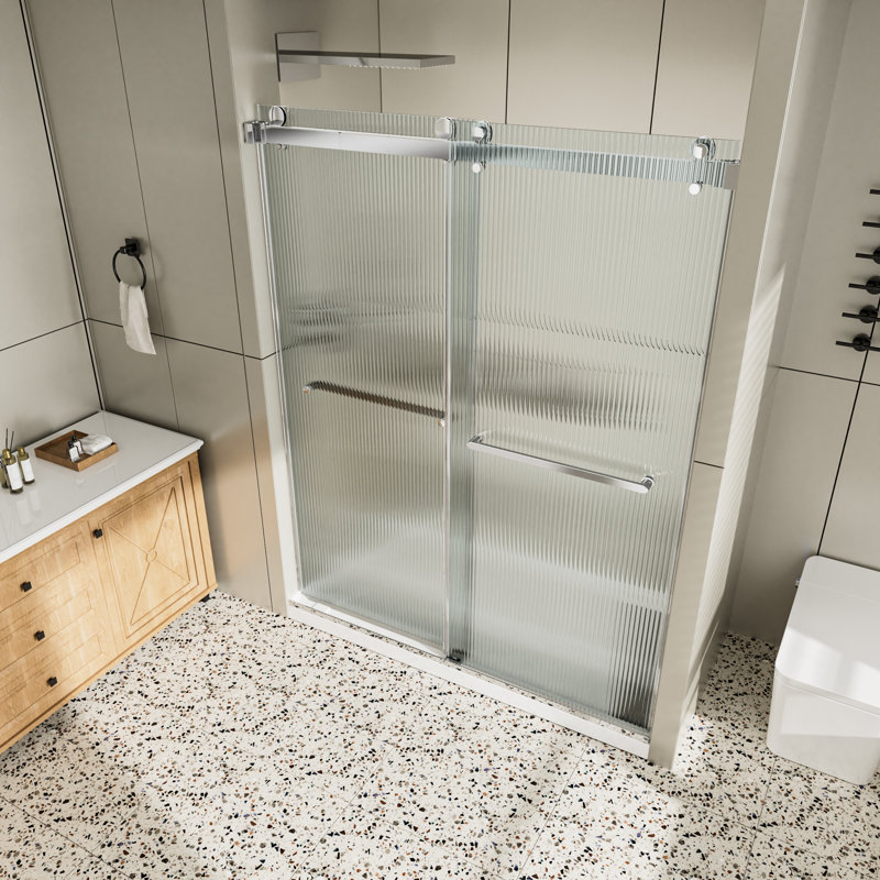 60"Wx76"H Double Sliding Frameless Shower Door,3/8" Clear Fluted Glass,304 Stainless Steel Hardwares, Chrome