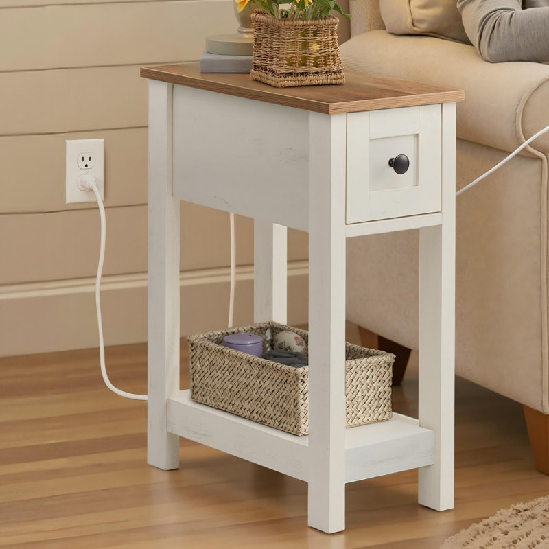Table de bout avec prise de courant, assemblage sans outils Superfast, Brun miel / blanc rustique