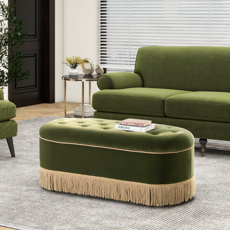 Oval Tufted Bullion Fringe Storage Bench, Olive Green Velvet