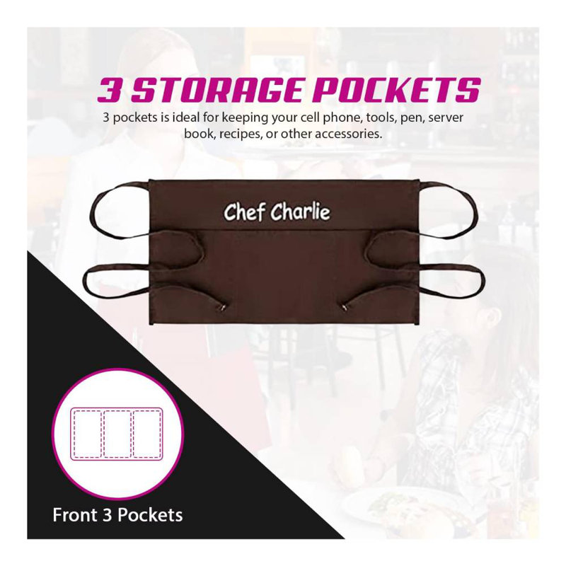 Personalized Server Aprons with 3 Pockets -Waist Apron with Name - Custom Half Apron, Yes, Brown