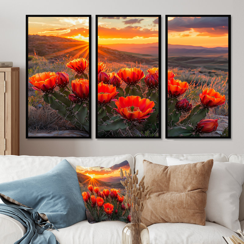 Cactus en fleurs au coucher du soleil II - art mural cactus - ensemble de 3, H 28 po x l 36 po, Noir