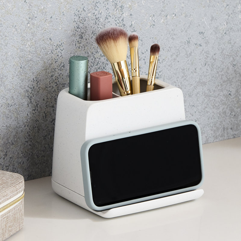 Polished White Freestanding Toothbrush Holder with Phone Stand