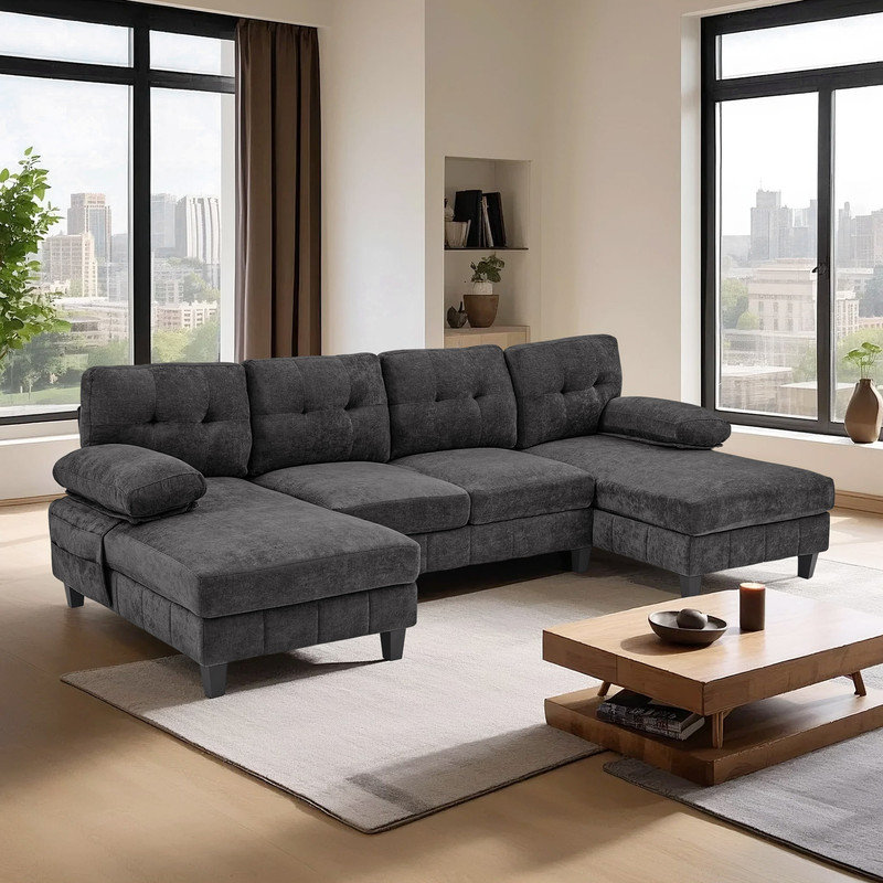 Canapé modulaire en chenille de 103,5 po en forme de U avec méridiennes doubles, poches de rangement et coussins d'accoudoirs