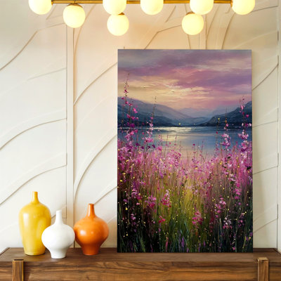 Pink Wildflower Lake Landscape Purple Sunset Canvas Wall Art Print, Decorative Contemporary Floral Botanical, Animal Wildlife, Nature Landscape Artwork for Living Room Bedroom Office Hallway Apartment Gallery Wall Home Decor