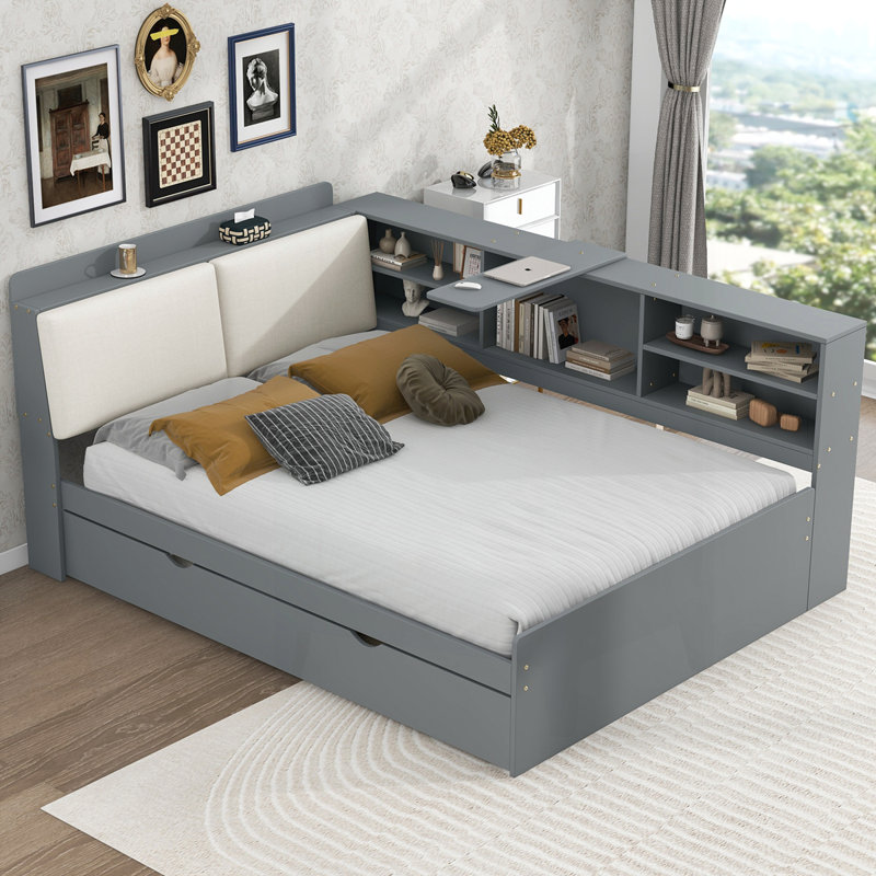 Lit plateforme en bois avec lit gigogne, gris