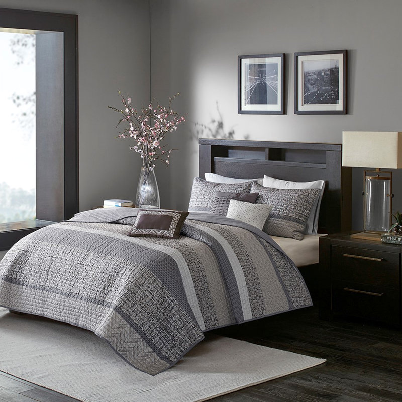 Courtepointe réversible 6 pièces, gris / taupe très grand / très grand, coussins décoratifs avec plis et broderie, broderie plissée, lavage à la machine