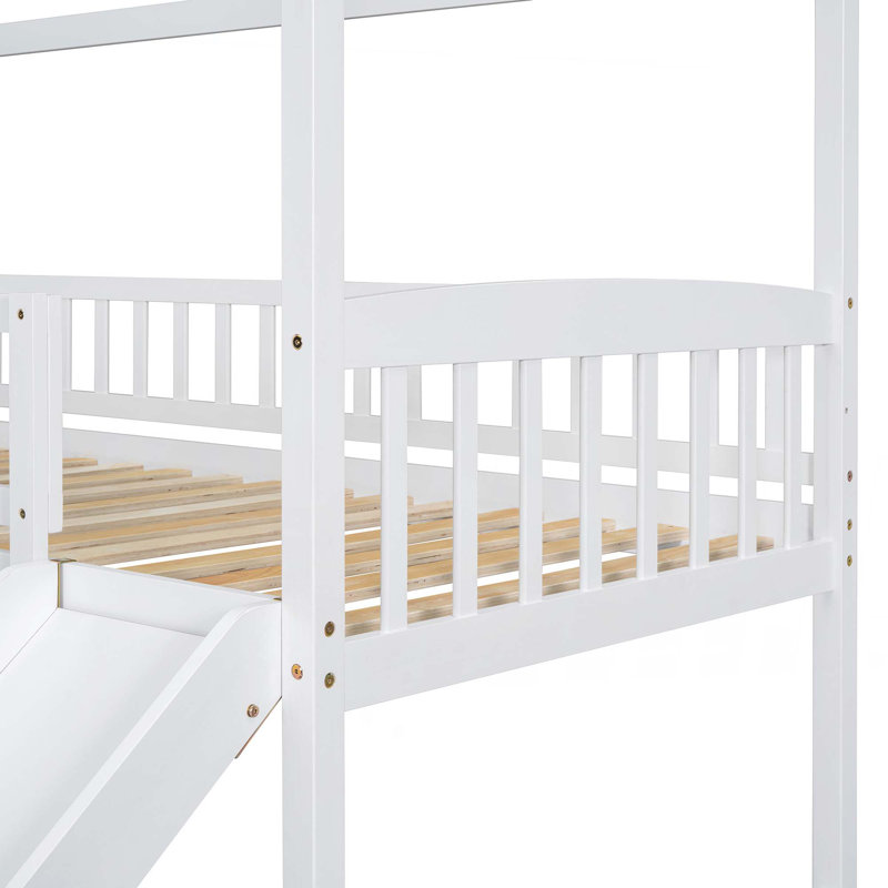 Lit superposé double au-dessus de simple avec glissade, lit maison avec glissade, Blanc