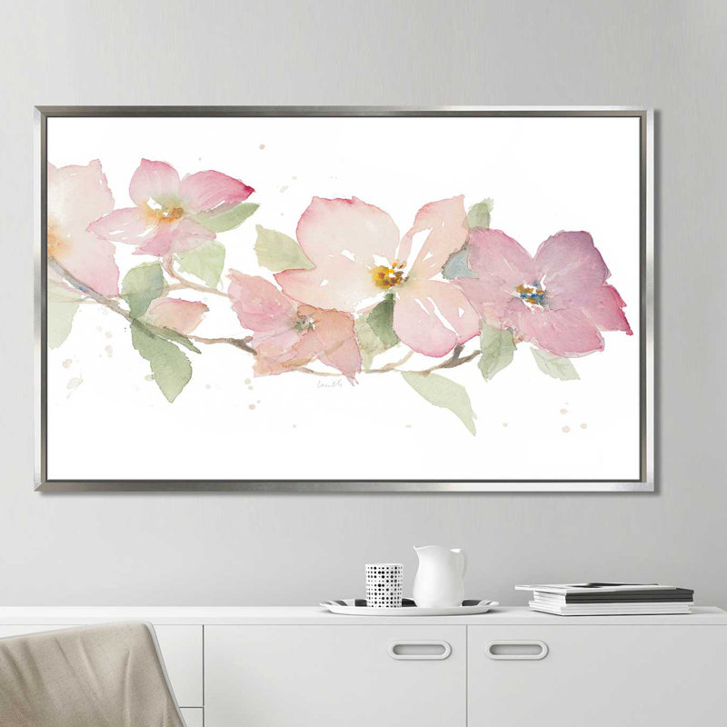 Dogwood Branch In Navy by Lanie Loreth - Print on Canvas, 39.5" H x 63.5" W x 2" D, Silver Floater Frame