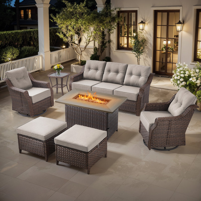 Sami 7-Piece Wicker Patio Furniture Set With Fire Pit Table, 6-Inch Thick Cushioned 360° Swivel Glider Chairs & Ottomans
