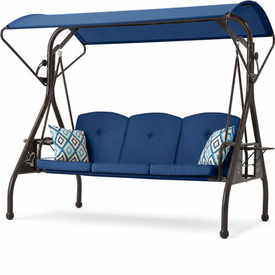  3 Seat Patio Swing with Canopy, Convertible Outdoor Porch Swing Bed with Stand, 800 LBS Capacity, Adjustable Canopy, Cup Holders, Pillow and Cushions for Patio Backyard Poolside, Blue
