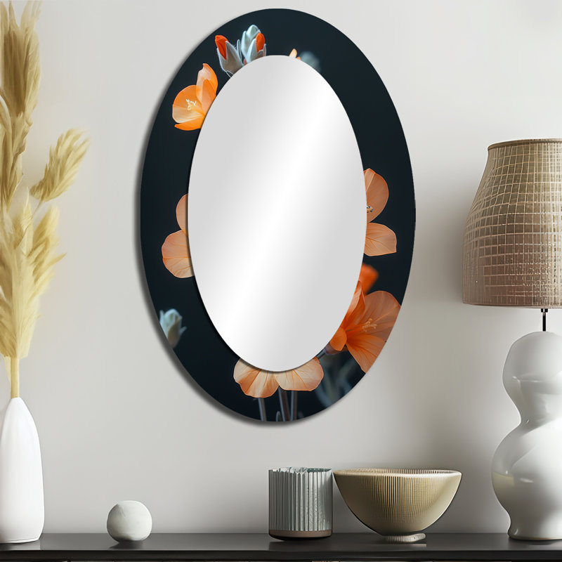 Grand miroir mural ovale orange et noir Cherry Blossoms II, 36 po x 24 po
