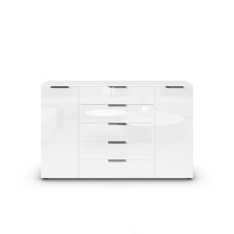 Flipp 5 Drawer 160Cm W Combo Dresser, Alpine White/White Glass/Chrome