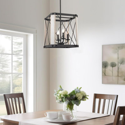 19" 4-Light Modern Farmhouse Pendant Light, Metal Wire Cage Hanging Lantern, White Ash Wood Finish + Textured Black Finish