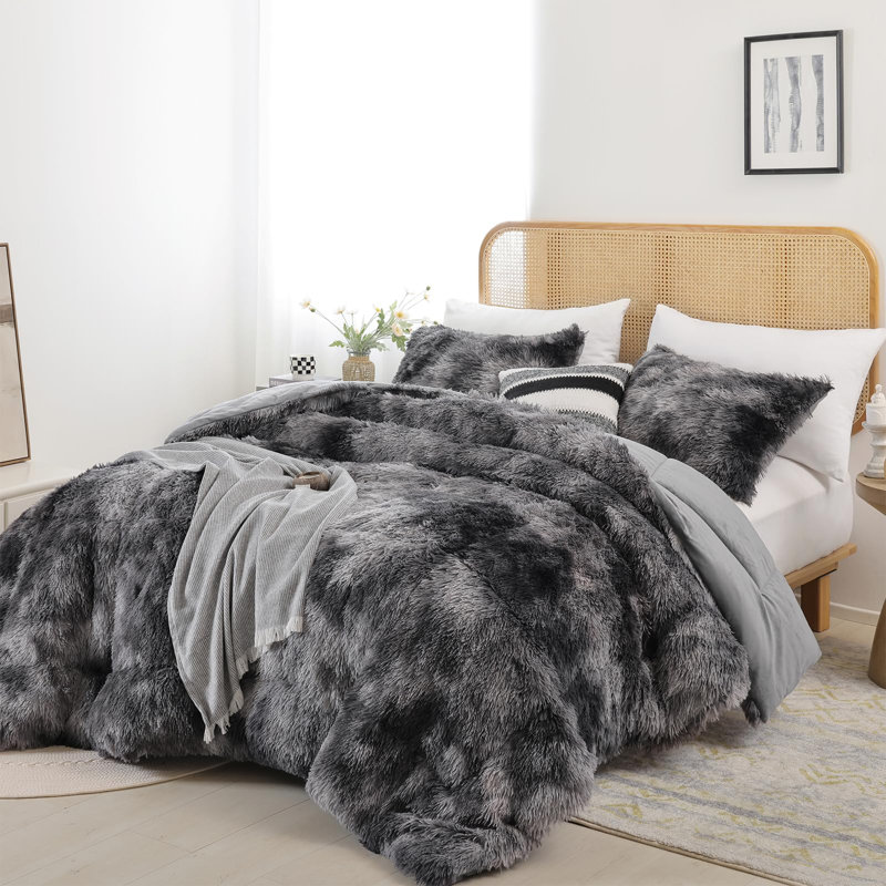 Fluffy Twin Comforter Set, Faux Fur Comforter Set White, Luxury Fuzzy Twin Bedding Set Pink, Soft Shaggy Bed Set For All Season, 2 Pieces - 1 Comforter & 1 Pillowcase, Tie-Dye Grey