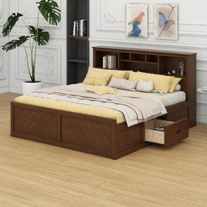Lit plateforme très grand en bois avec tête de lit, 2 tiroirs et 2 ports USB, Bois