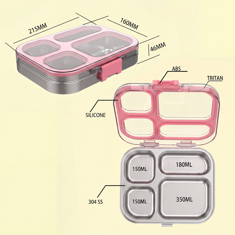 Boîte à lunch Bento en acier inoxydable, 4 compartiments, étanche, légère, Rose