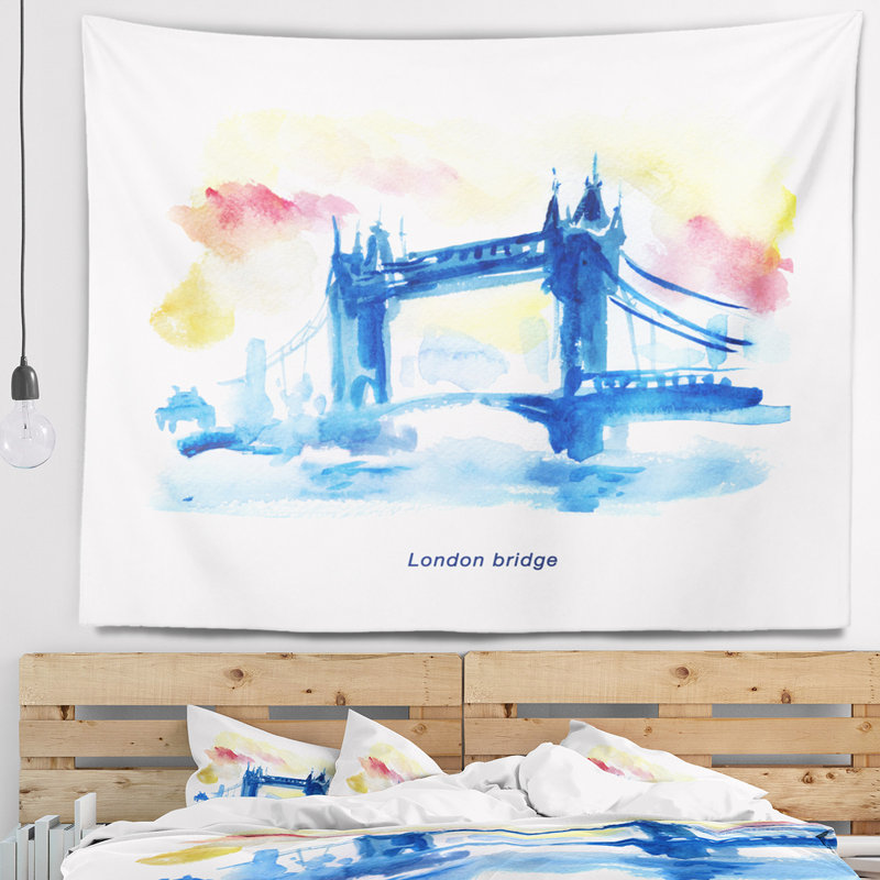 Cityscape painting london illustration dessinée à la main tapisserie, H 50 po x l 60 po