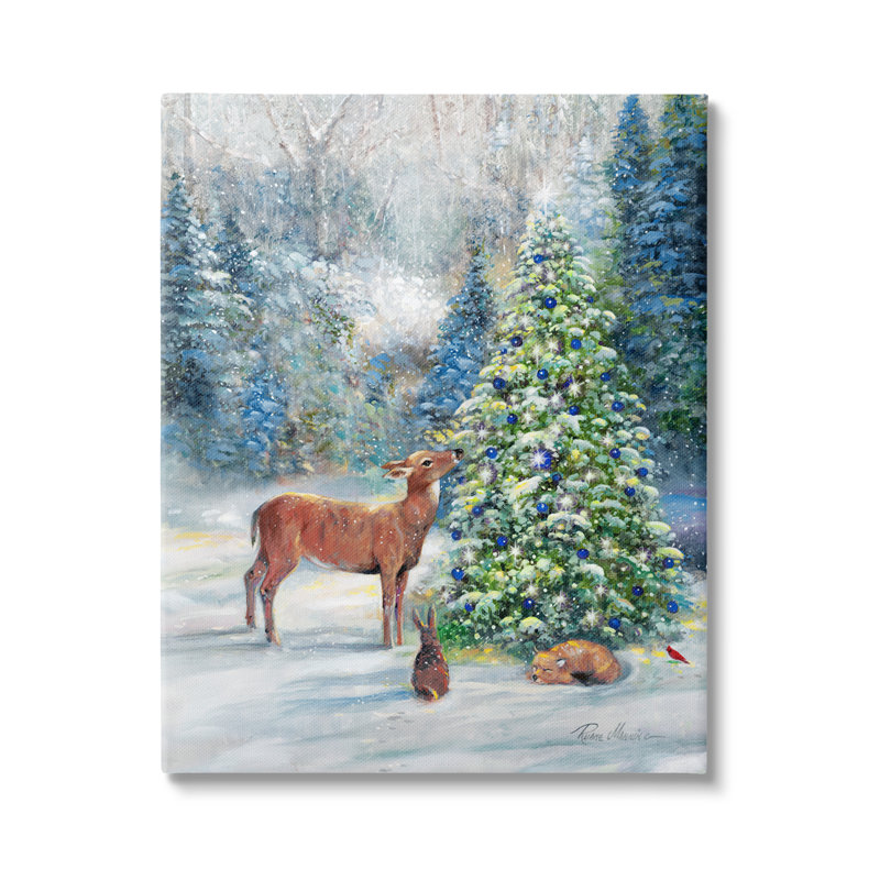 Hiver, animaux de la forêt, peinture sur toile, H 48 po x l 36 po x P 1,5 po