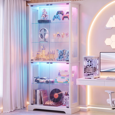 71" Modern Glass Display Cabinet with Smart RGB LED Lighting, Music Sync & Display Stand