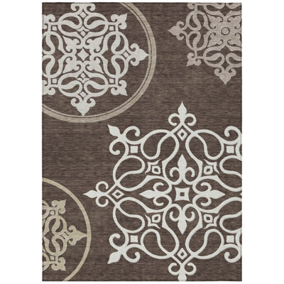 10' X 14' Chocolate Floral Medallion Washable Indoor Outdoor Area Rug
