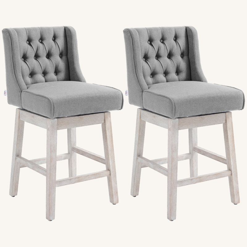 Counter Height Bar Stools Set Of 2, 180 Degree Swivel Barstools, 27" Seat Height Bar Chairs With Solid Wood Footres And Button Tufted Design, Grey