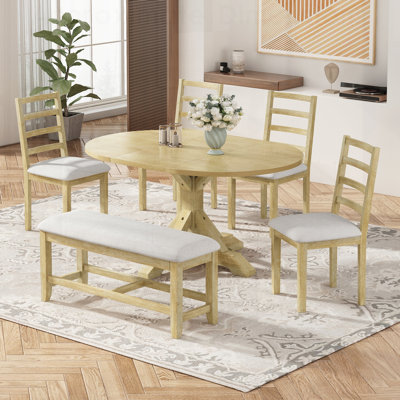 Ensemble de table de salle à manger à rallonge 6 pièces avec rallonge amovible, banc de 44 pouces et 4 chaises à dossier échelle Farmhouse