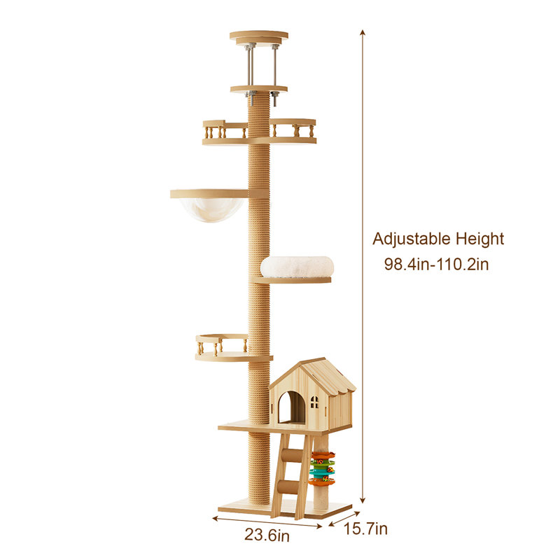 Arbre à chat moderne avec plancher et plafond réglable 98 à 110 pouces avec poteau à griffer pour une hauteur de jeu amusante